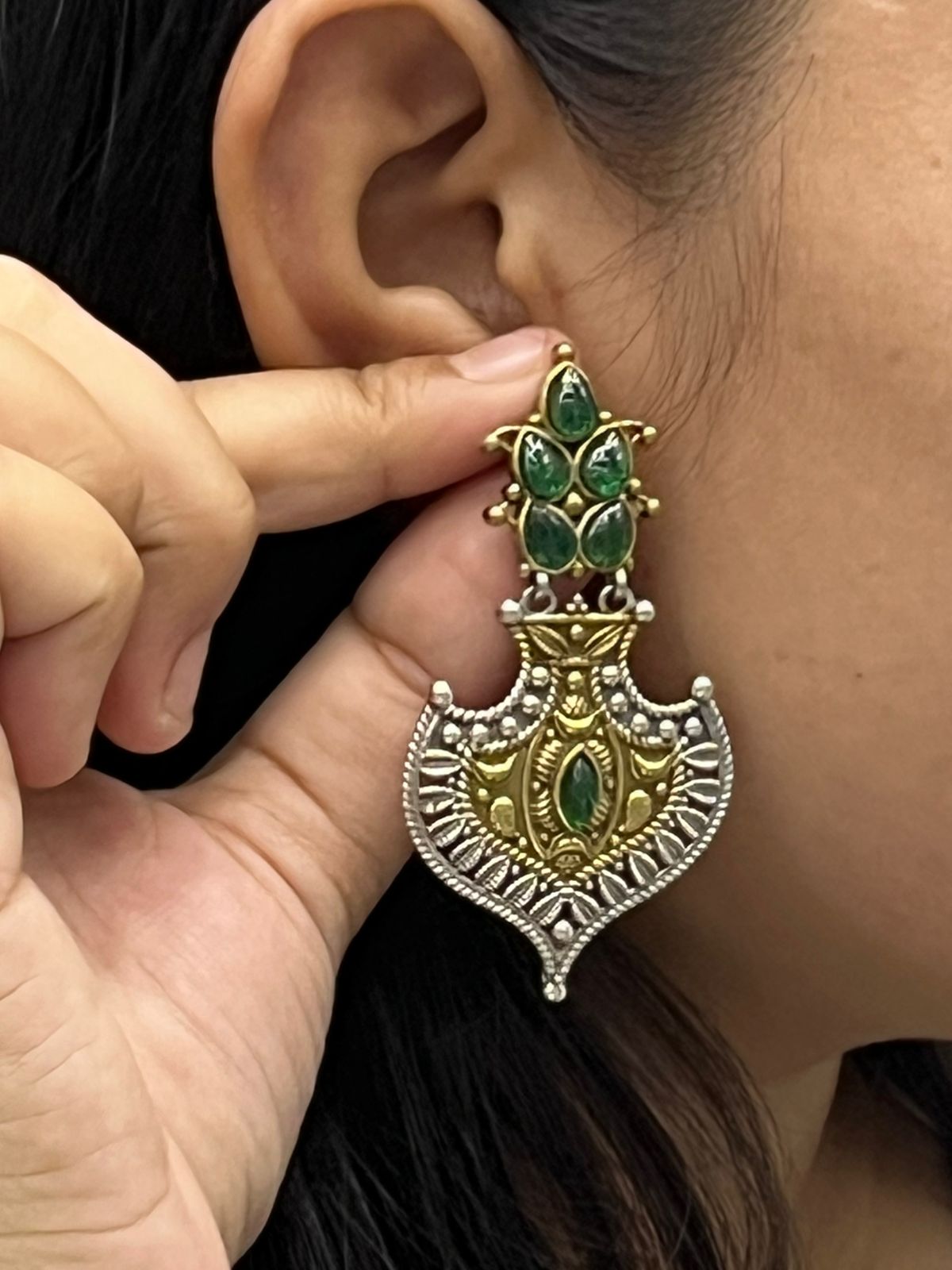 Dual-Tone Oxidized Earrings with Green Stone & Antique Detailing