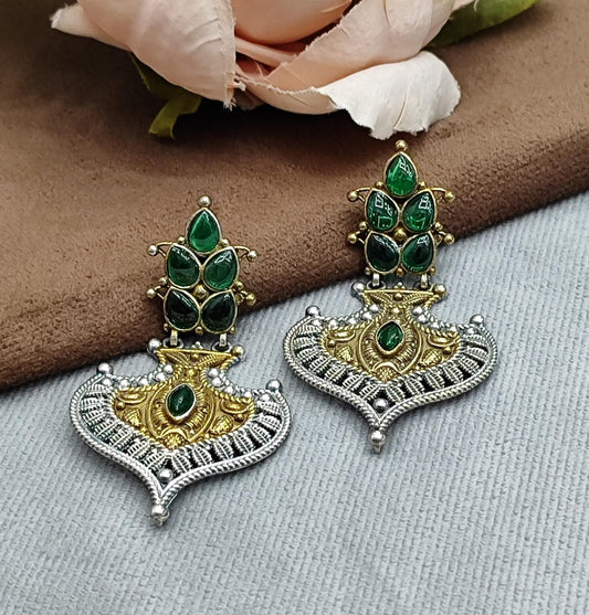 Dual-Tone Oxidized Earrings with Green Stone & Antique Detailing