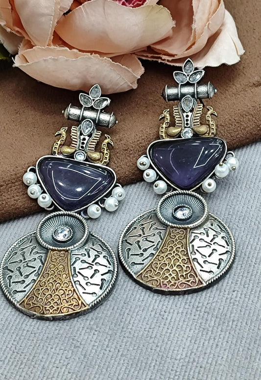 Ethnic Oxidized Silver Earrings with Purple Stone, Pearls & Antique Design