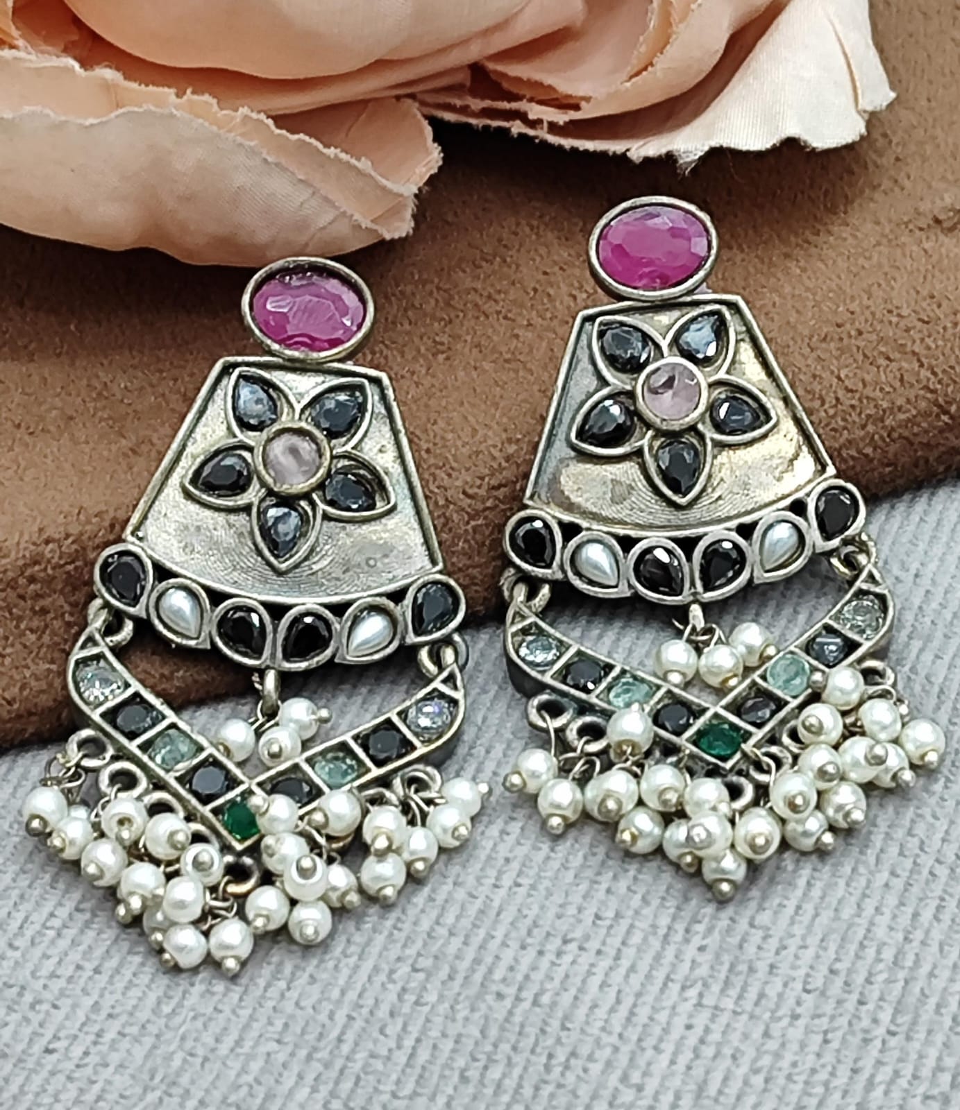 Oxidized Silver Earrings with Pink Stone, Floral Motif & Pearl Beaded Drops