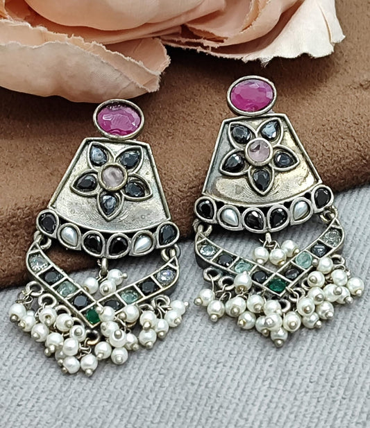 Oxidized Silver Earrings with Pink Stone, Floral Motif & Pearl Beaded Drops
