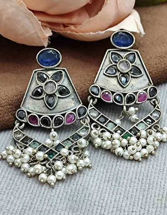 Oxidized Silver Earrings with Blue Stone, Floral Motif & Pearl Beaded Drops