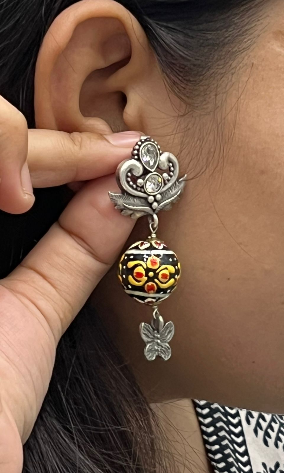 Hand-Painted black Bead Drop Earrings with Butterfly Charm & Oxidized Silver Detail