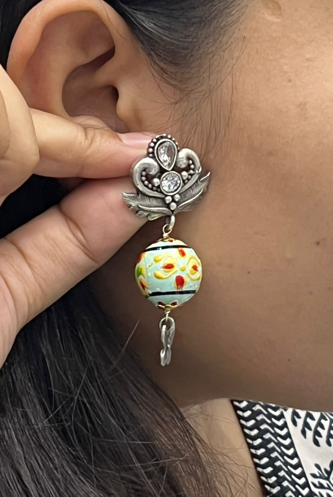 Oxidized Silver Earrings with Hand-Painted Multi colour Beads and Butterfly Drop