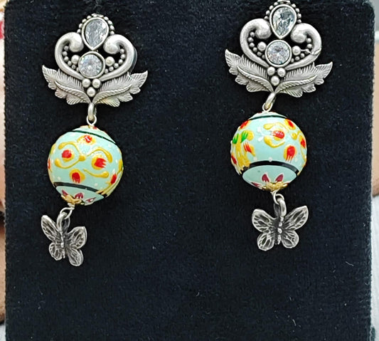 Oxidized Silver Earrings with Hand-Painted Multi colour Beads and Butterfly Drop