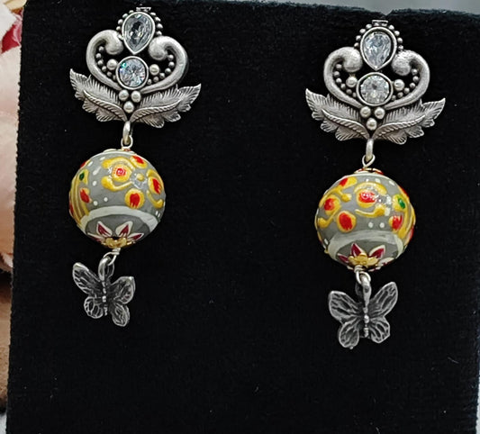 Hand-Painted Grey Bead Drop Earrings with Butterfly Charm & Oxidized Silver Detail