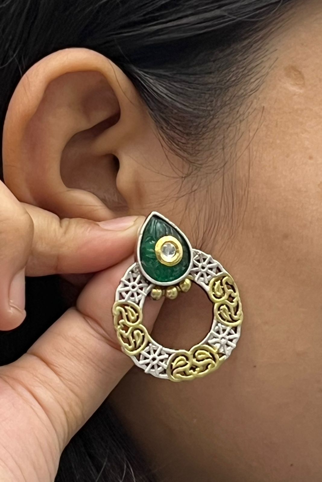 Round silver look alike Dual tone earrings in Emerald green for women
