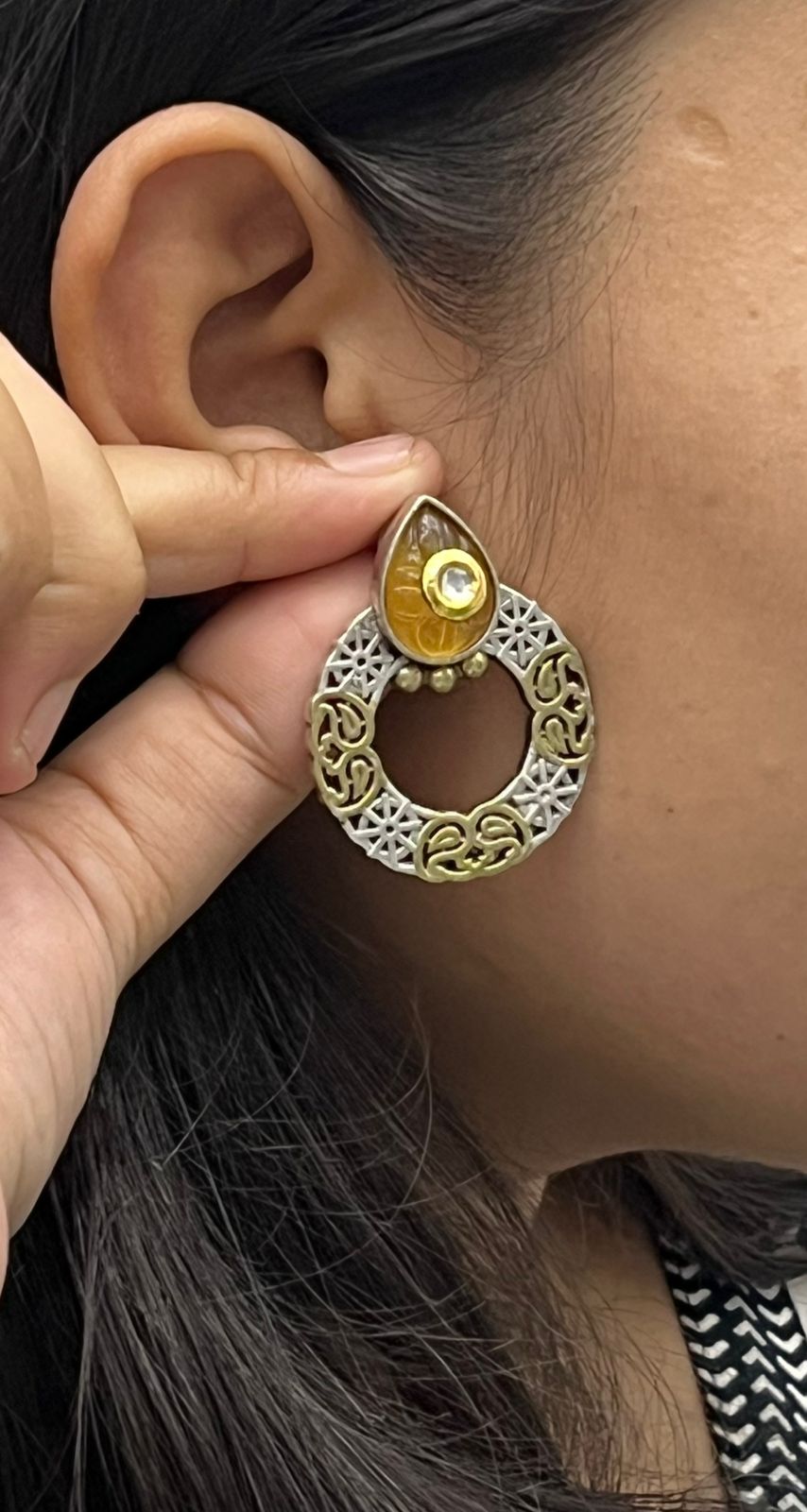 Round silver look alike Dual tone earrings in yellow for women