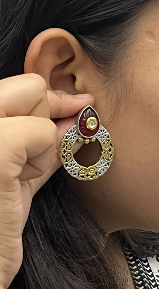 Round silver look alike Dual tone earrings in ruby for women