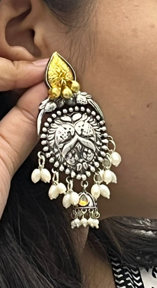 Oxidized Silver Jhumka Earrings with Pearl Beads & Antique Gold Detailing