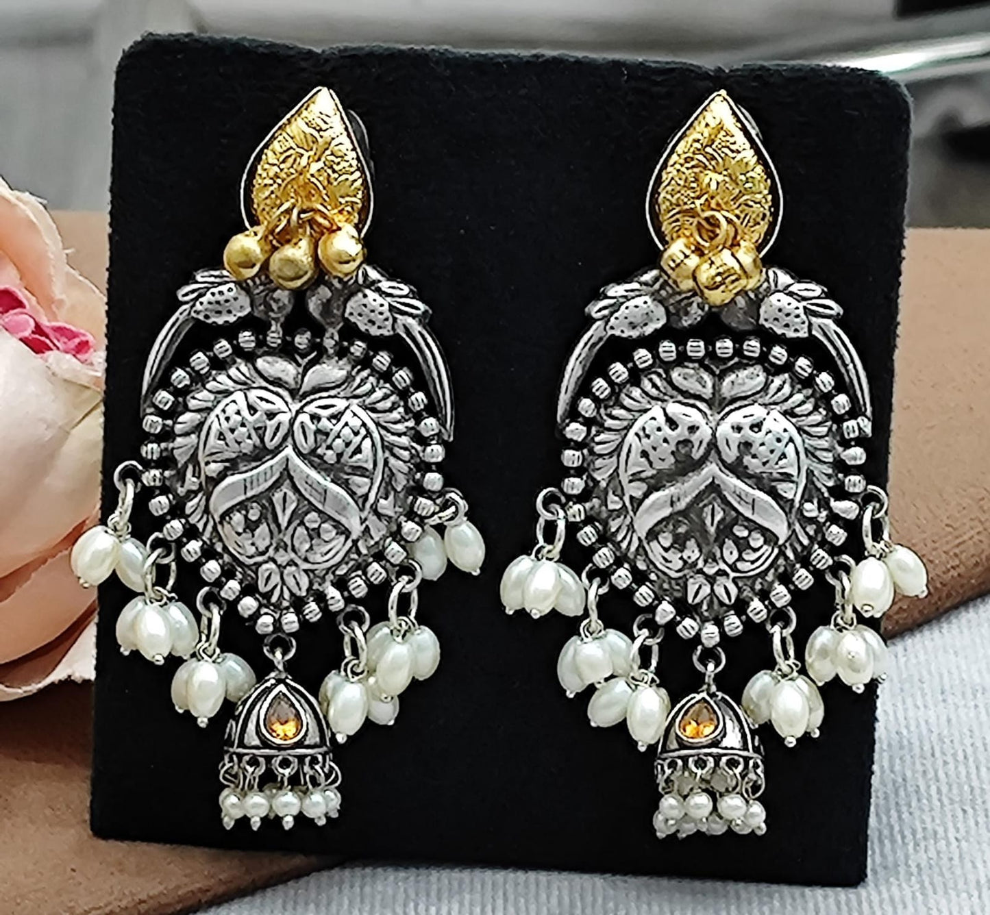 Oxidized Silver Jhumka Earrings with Pearl Beads & Antique Gold Detailing