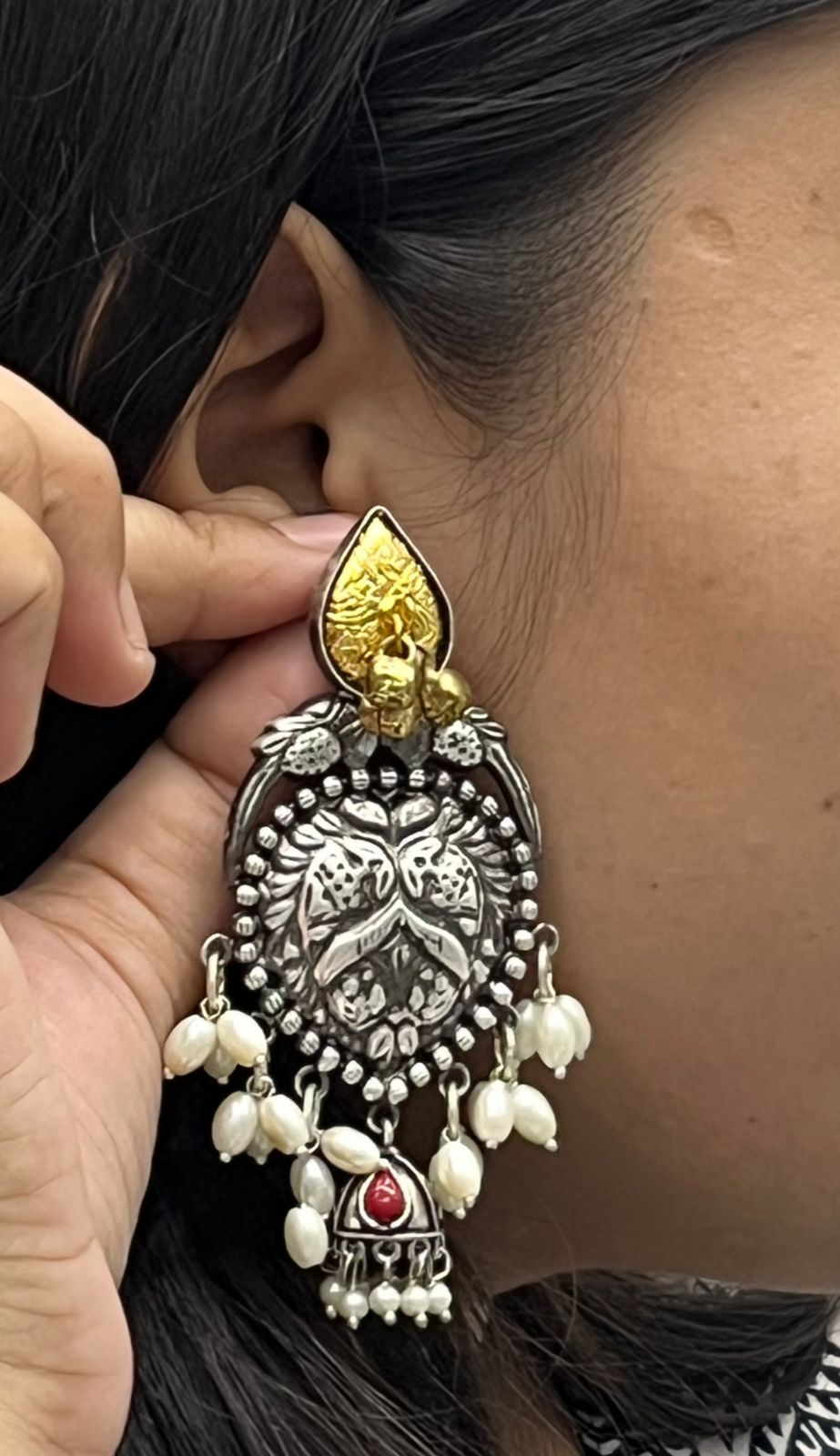 Oxidized Silver Jhumka Earrings with Red Pearl Beads & Antique Gold Detailing
