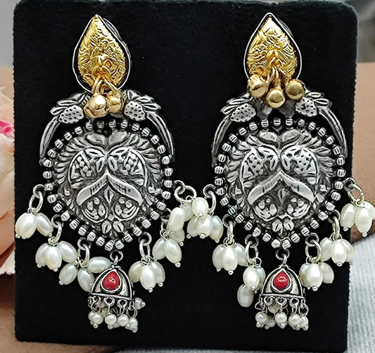 Oxidized Silver Jhumka Earrings with Red Pearl Beads & Antique Gold Detailing