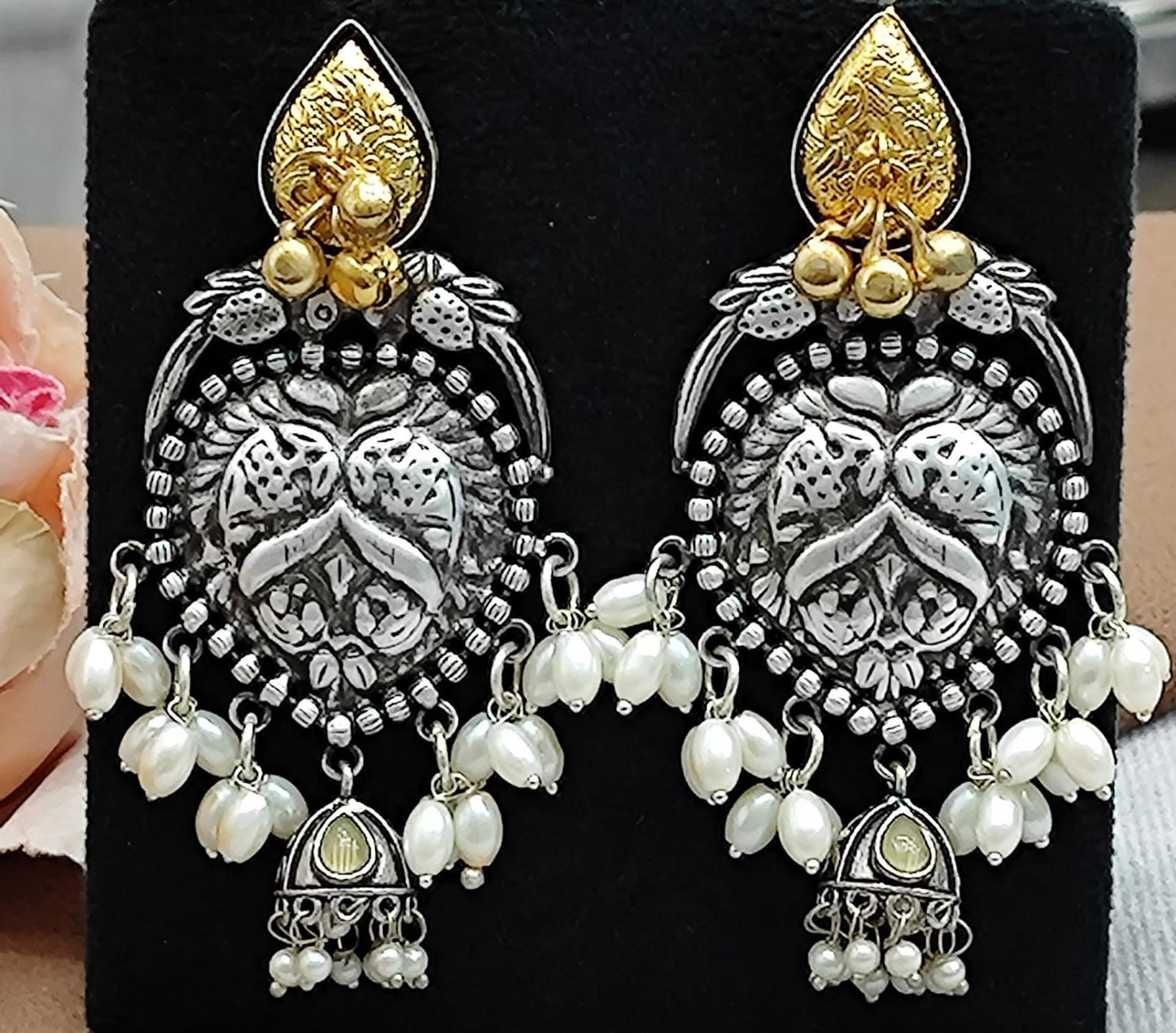 Oxidized Silver Jhumka Earrings with mint Pearl Beads & Antique Gold Detailing