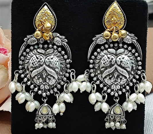 Oxidized Silver Jhumka Earrings with mint Pearl Beads & Antique Gold Detailing