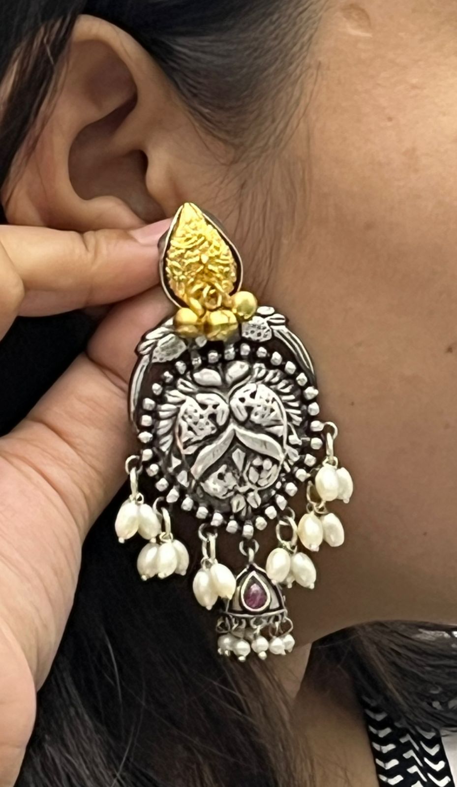 Oxidized Silver Jhumka Earrings with Pink Pearl Beads & Antique Gold Detailing