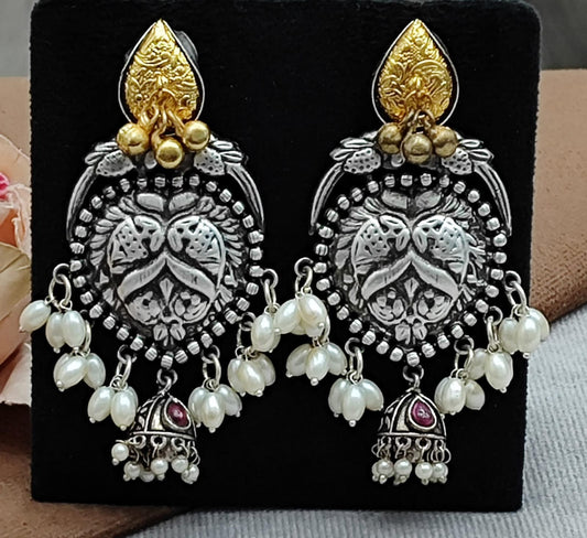 Oxidized Silver Jhumka Earrings with Pink Pearl Beads & Antique Gold Detailing