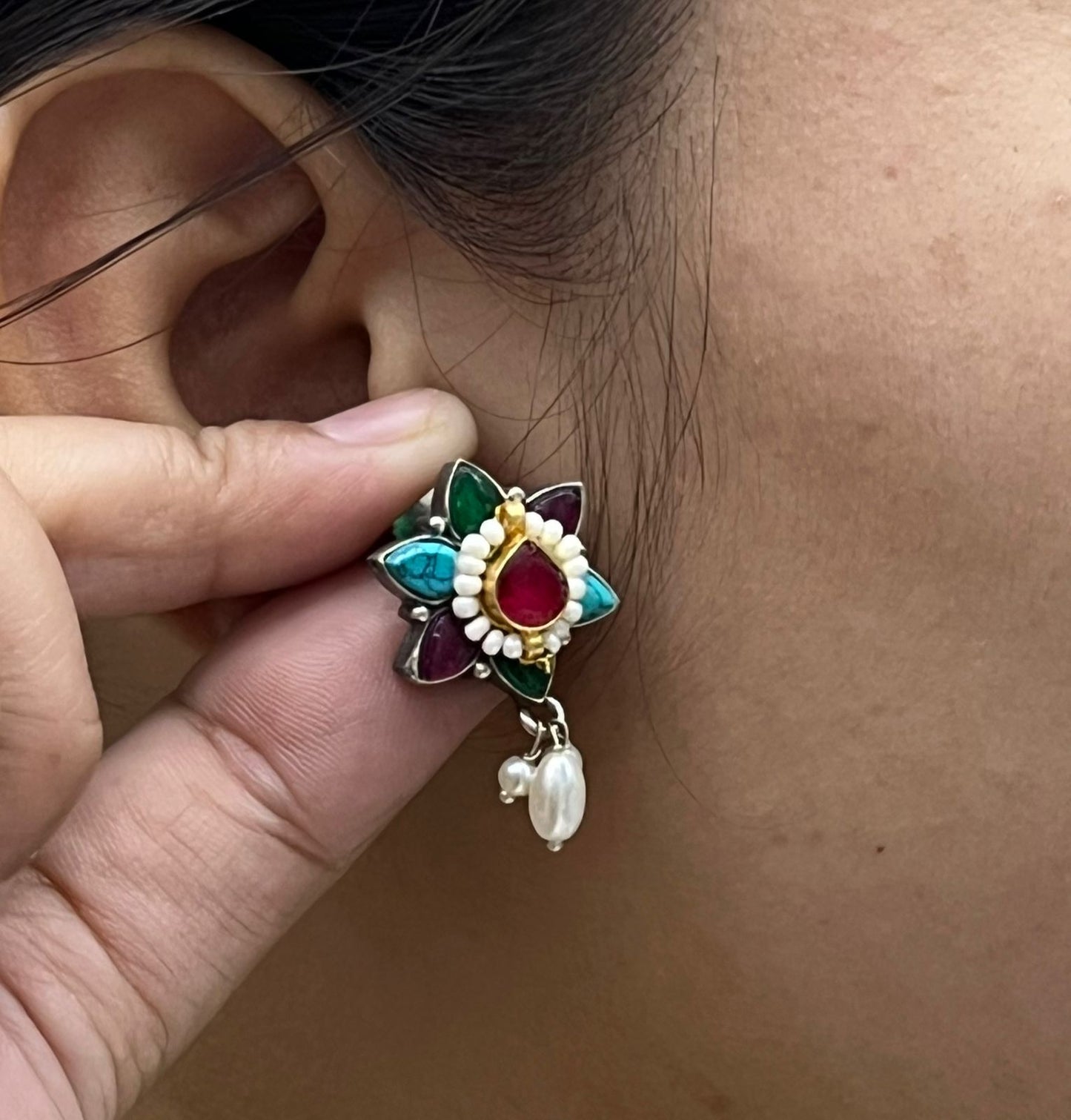 Handcrafted Floral Stud Earrings with Red Stone, Turquoise, Green & Purple