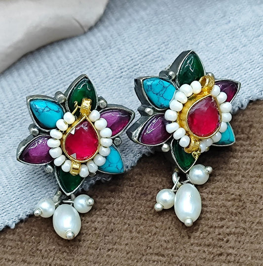 Handcrafted Floral Stud Earrings with Red Stone, Turquoise, Green & Purple