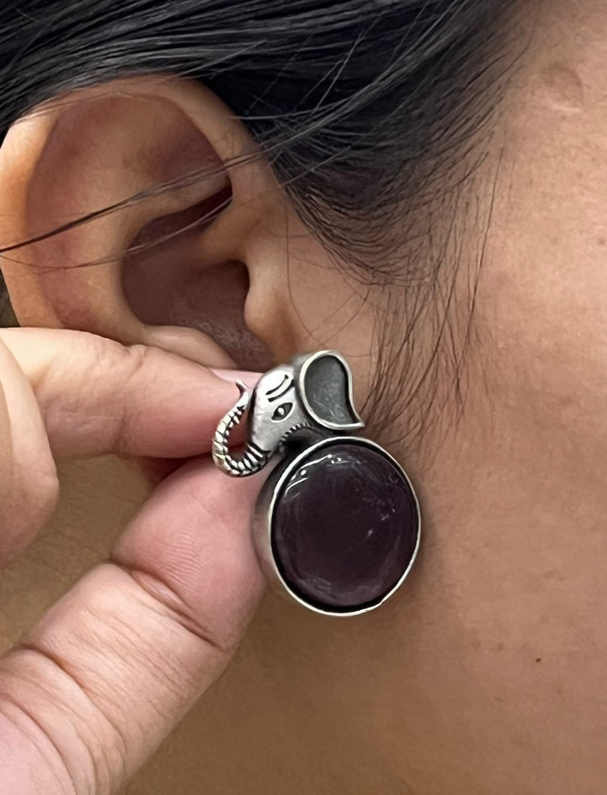 Handcrafted Elephant Design Silver Stud Earrings with Purple Stone