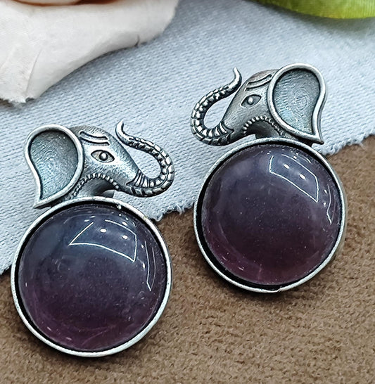 Handcrafted Elephant Design Silver Stud Earrings with Purple Stone