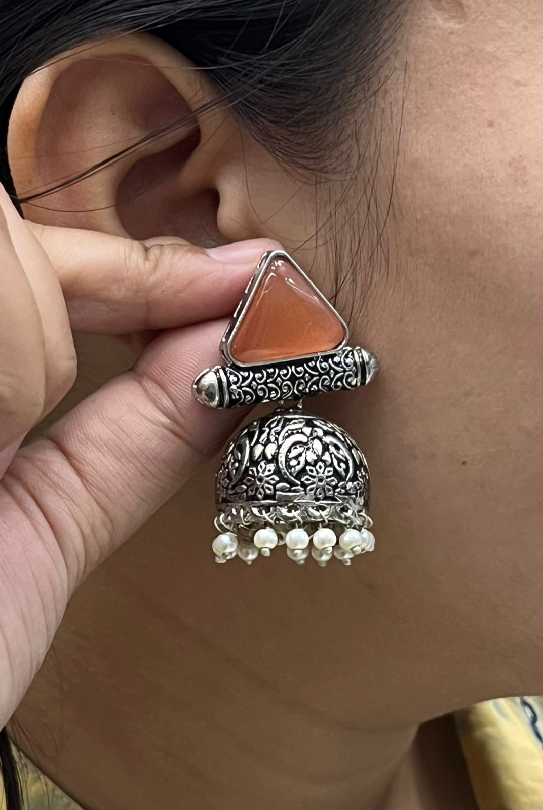 Oxidized Silver Jhumka Earrings with Orange Triangle Stone & Pearl Beads