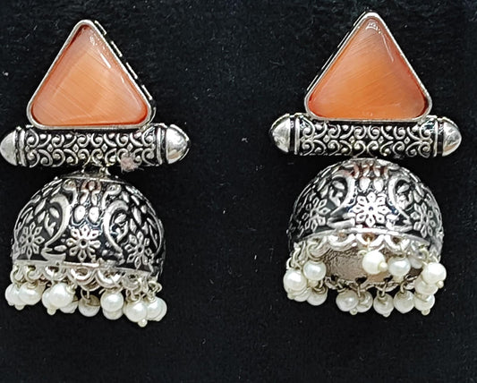Oxidized Silver Jhumka Earrings with Orange Triangle Stone & Pearl Beads