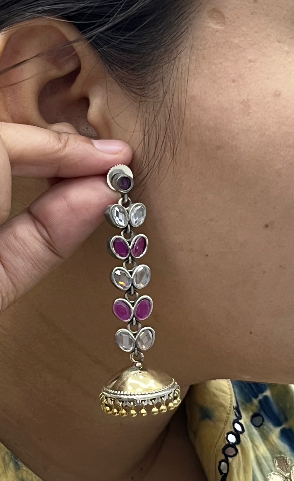 Handcrafted Long Kundan Jhumka Earrings with Red & White Stones