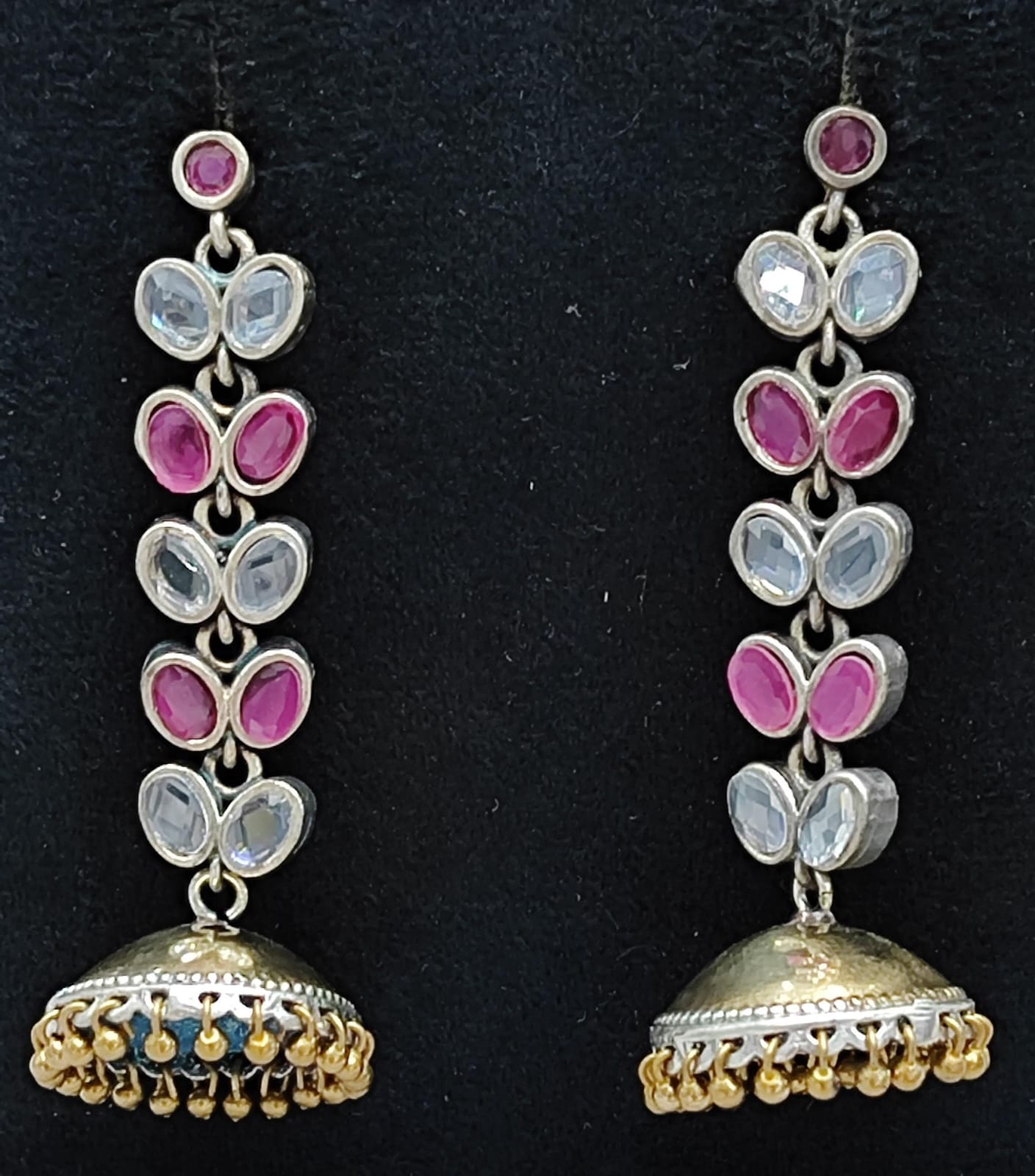 Handcrafted Long Kundan Jhumka Earrings with Red & White Stones