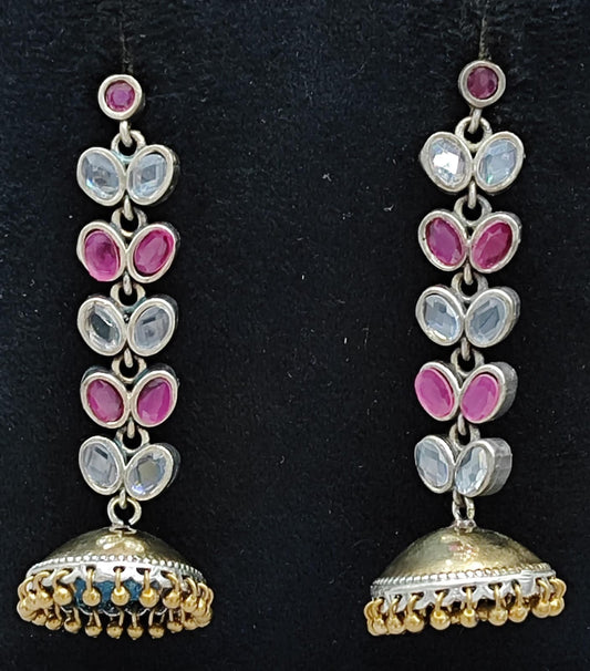Handcrafted Long Kundan Jhumka Earrings with Red & White Stones