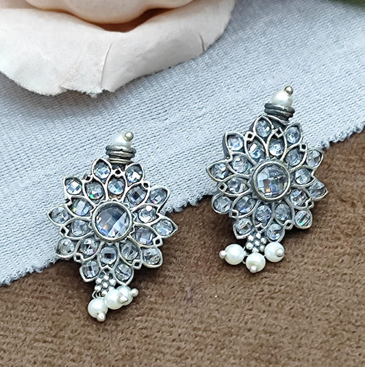 Sparkling Floral Kundan Stud Earrings with White Stones & Pearl Drops