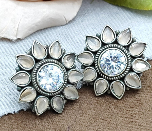 Floral Oxidized Stud Earrings with White Stones & Sparkling Center Crystal