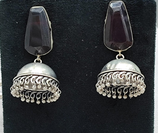 Oxidized Silver Jhumka Earrings with Black Stone Stud