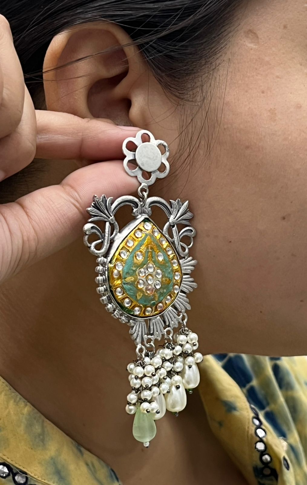 Oxidized Silver Earrings with Green & Gold Meenakari Work and Pearl Beads