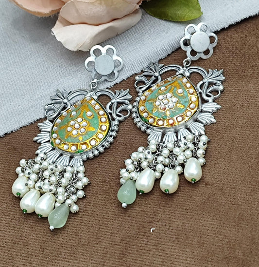 Oxidized Silver Earrings with Green & Gold Meenakari Work and Pearl Beads
