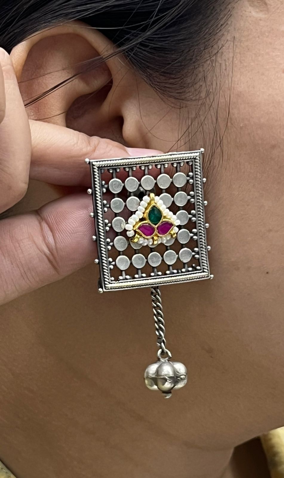 Oxidized Silver Square Earrings with Pink & Green Stone Detailing
