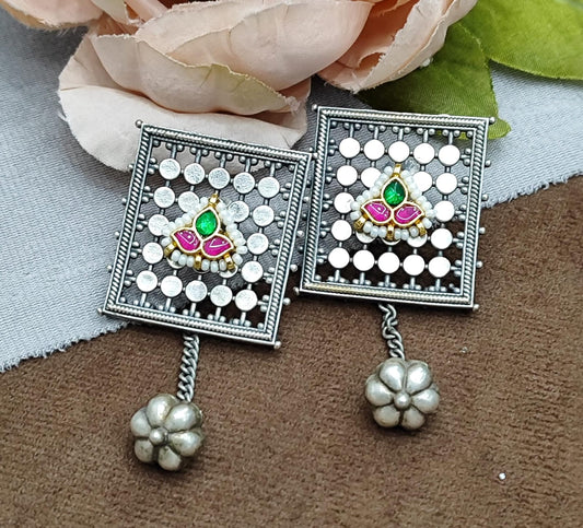Oxidized Silver Square Earrings with Pink & Green Stone Detailing