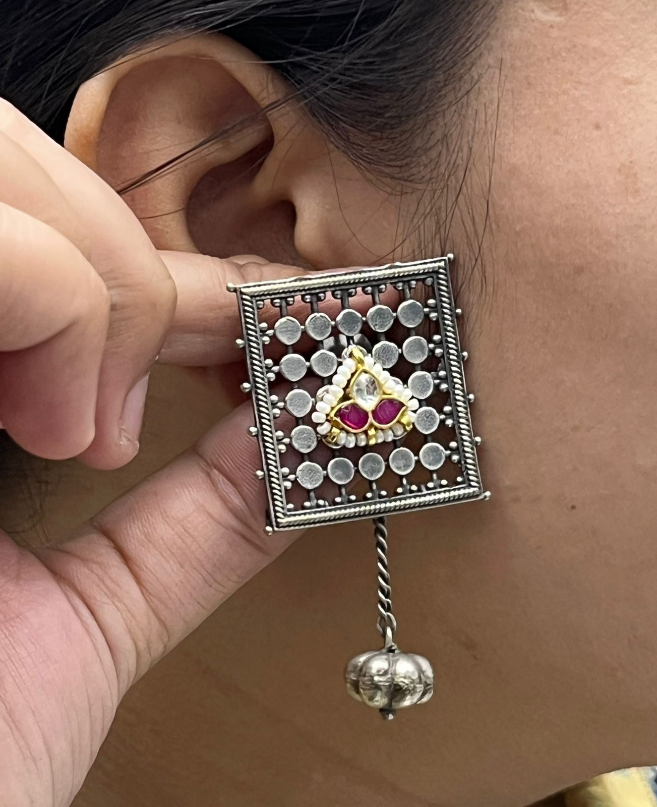 Oxidized Silver Square Earrings with Pink & wHITE Stone Detailing