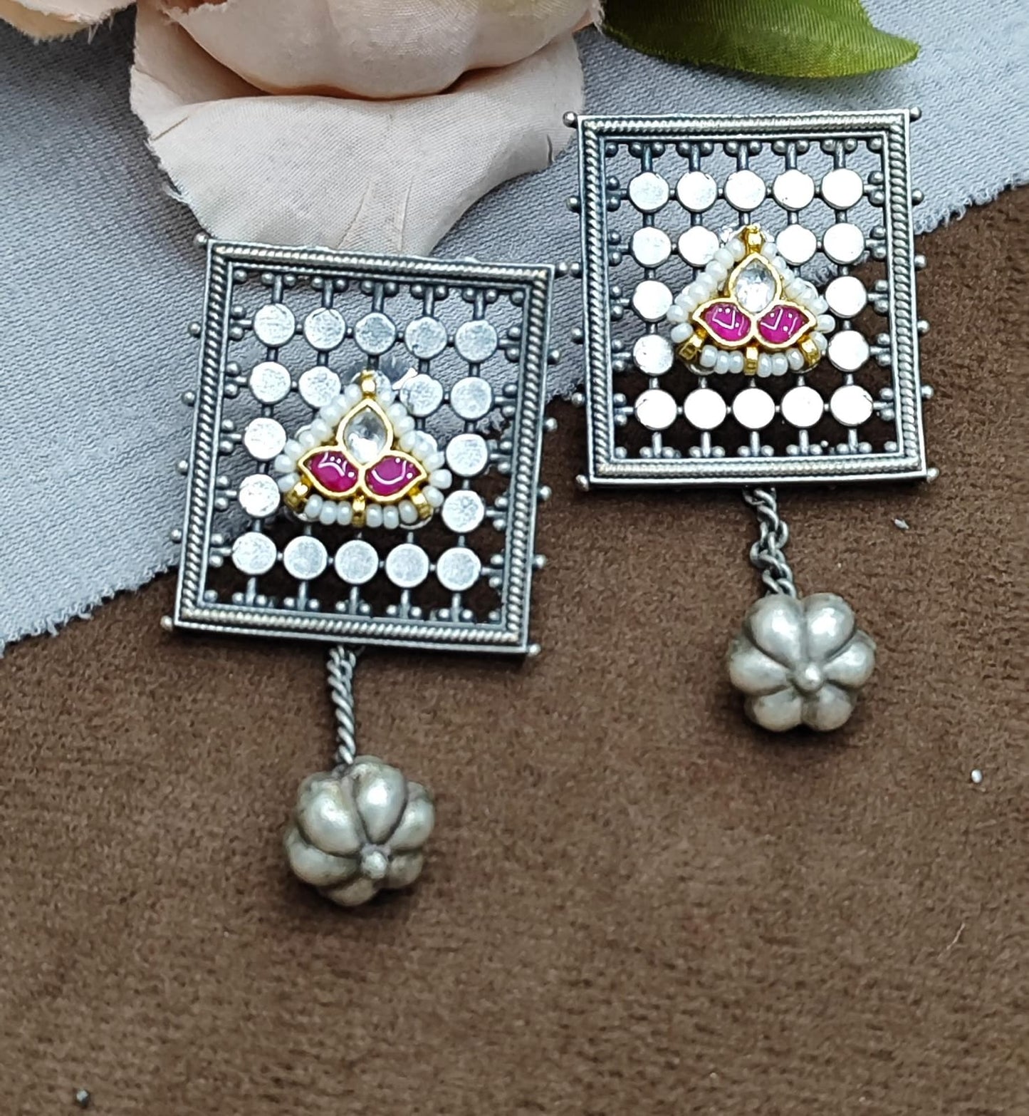Oxidized Silver Square Earrings with Pink & wHITE Stone Detailing
