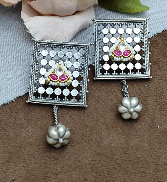 Oxidized Silver Square Earrings with Pink & wHITE Stone Detailing