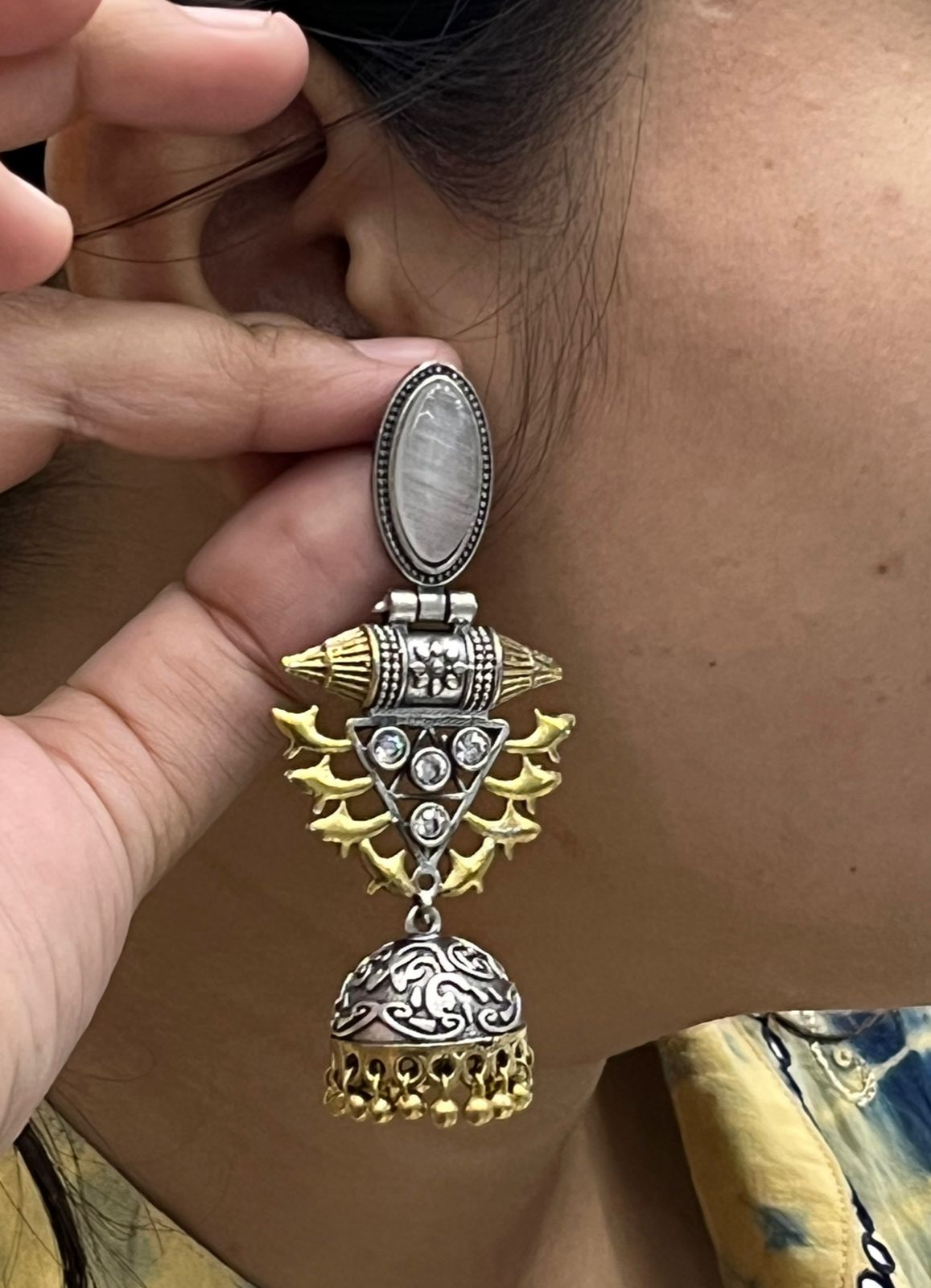Oxidized Silver Jhumka Earrings with White Stone & Golden Detailing