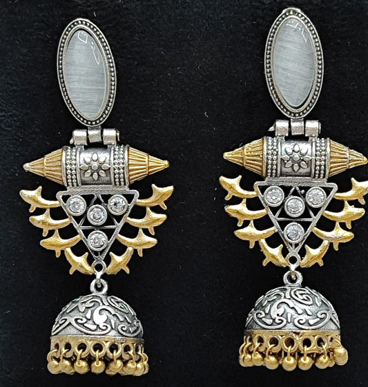 Oxidized Silver Jhumka Earrings with White Stone & Golden Detailing
