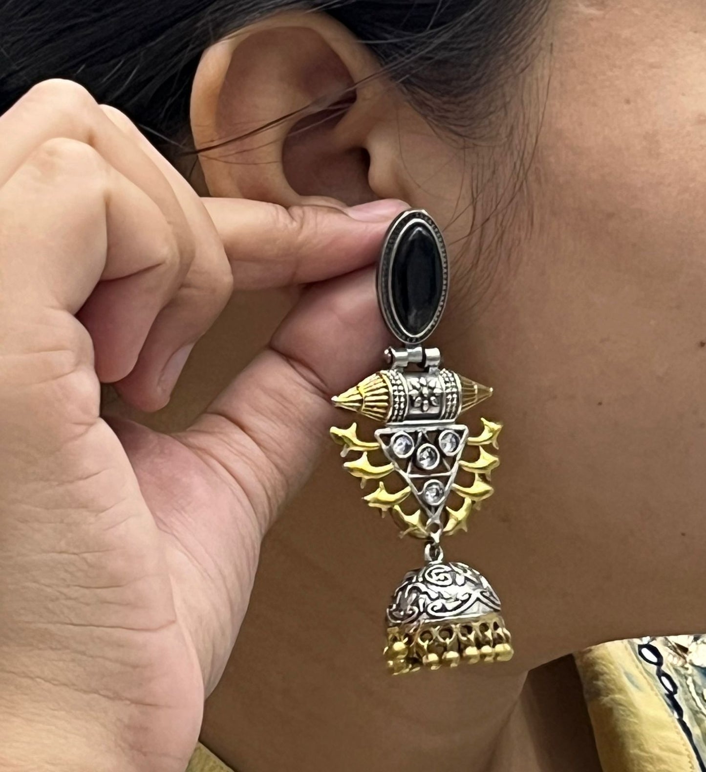 Oxidized Silver Jhumka Earrings with Black Stone & Golden Detailing