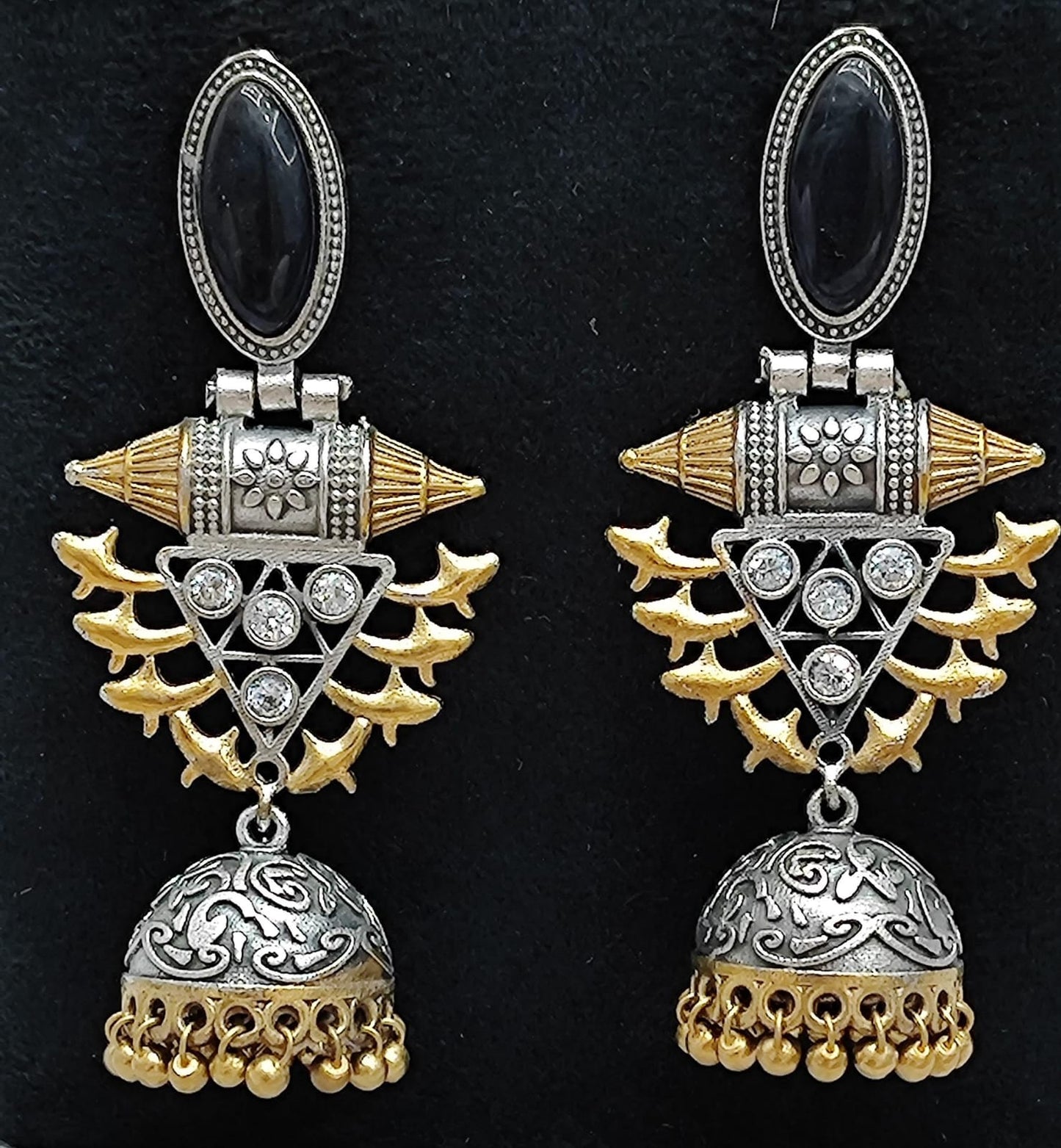 Oxidized Silver Jhumka Earrings with Black Stone & Golden Detailing