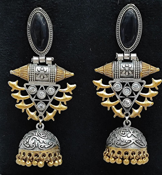 Oxidized Silver Jhumka Earrings with Black Stone & Golden Detailing