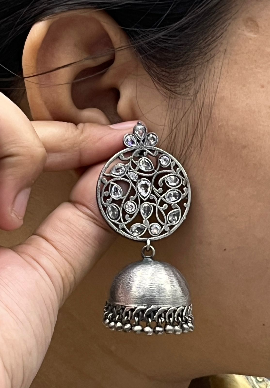 Oxidized Silver Round Jhumka Earrings with White Stone Floral Design