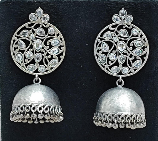 Oxidized Silver Round Jhumka Earrings with White Stone Floral Design
