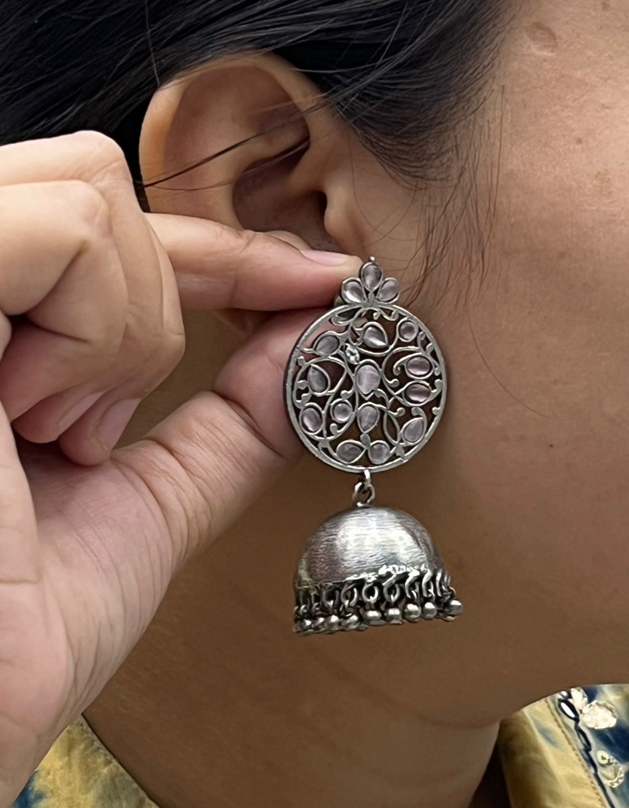 Oxidized Silver Round Jhumka Earrings with mint pink Stone Floral Design
