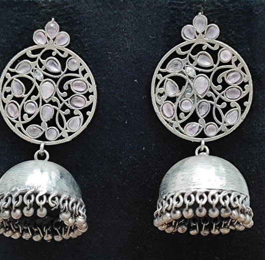 Oxidized Silver Round Jhumka Earrings with mint pink Stone Floral Design