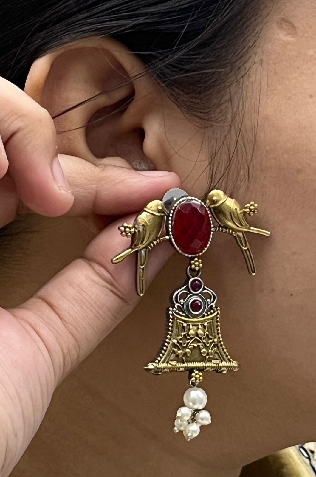 Oxidized Earrings with Golden Bird Design, Red Stone & Pearl Drops